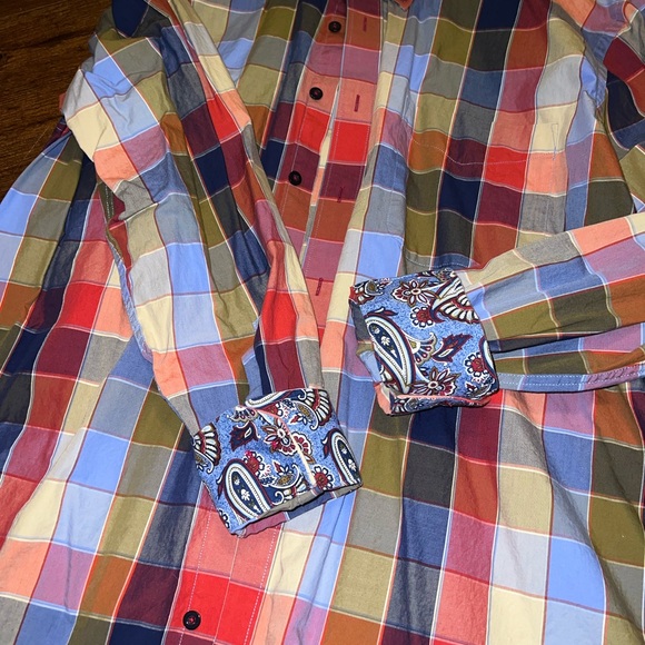 Alan Flusser Colorful Plaid Button Up Shirt Blue Paisley Cuffs & Accents Size XL - Picture 3 of 9